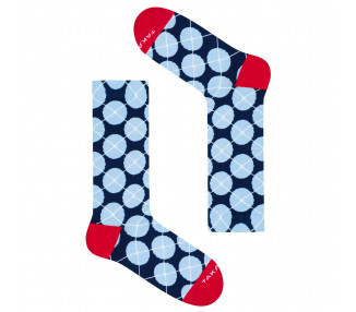 Colorful socks Wólczańska 7 m3, blue polka dots on a navy blue background. Takapara