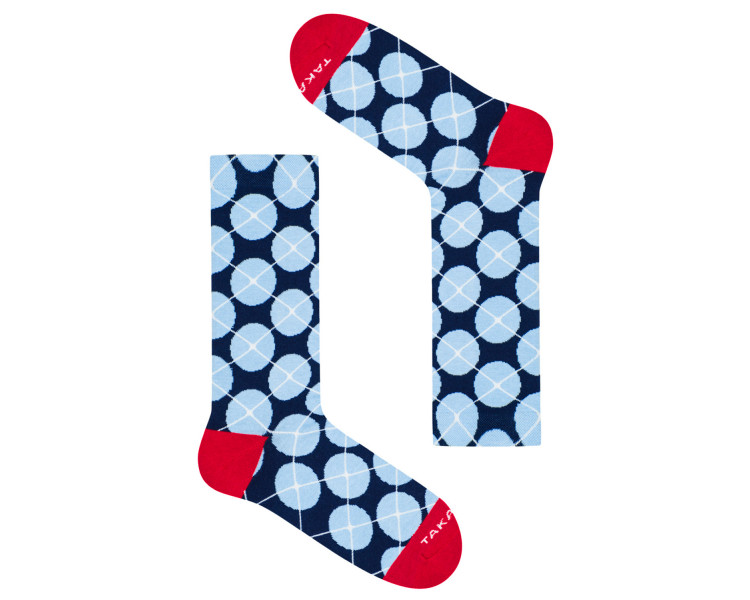 Colorful socks Wólczańska 7 m3, blue polka dots on a navy blue background. Takapara