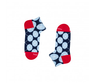 Colorful sneaker socks Wólczańska 7 m3, blue polka dots on a navy blue background. Takapara