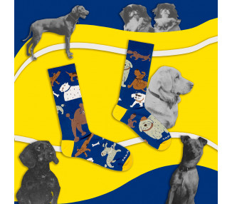 Cheerful Puppies - Navy blue mix and match socks from Takapara featuring different dog breeds