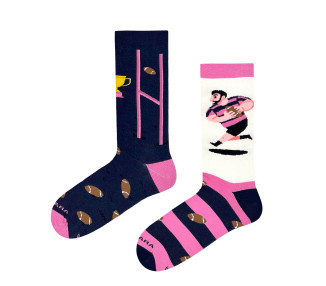 Mismatched Socks with a Rugby Theme in Navy and Pink by Takapara