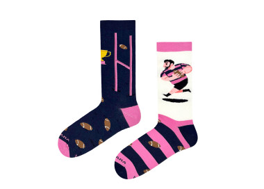 Mismatched Socks with a Rugby Theme in Navy and Pink by Takapara