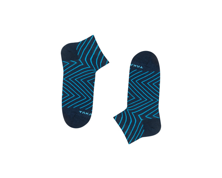 Chaussettes baskets courtes et colorées Skrzywana 9m4 avec des zigzags bleu marine. Takapara