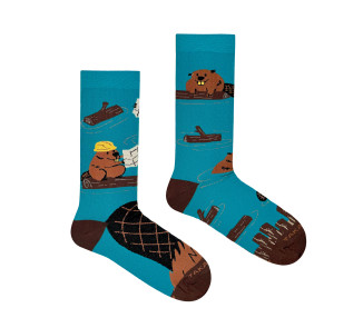 Socks with beavers building a dam motif
