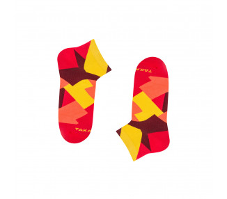 Colorful 11m1 Targowa sneaker socks with yellow, orange and red rectangles. Takapara