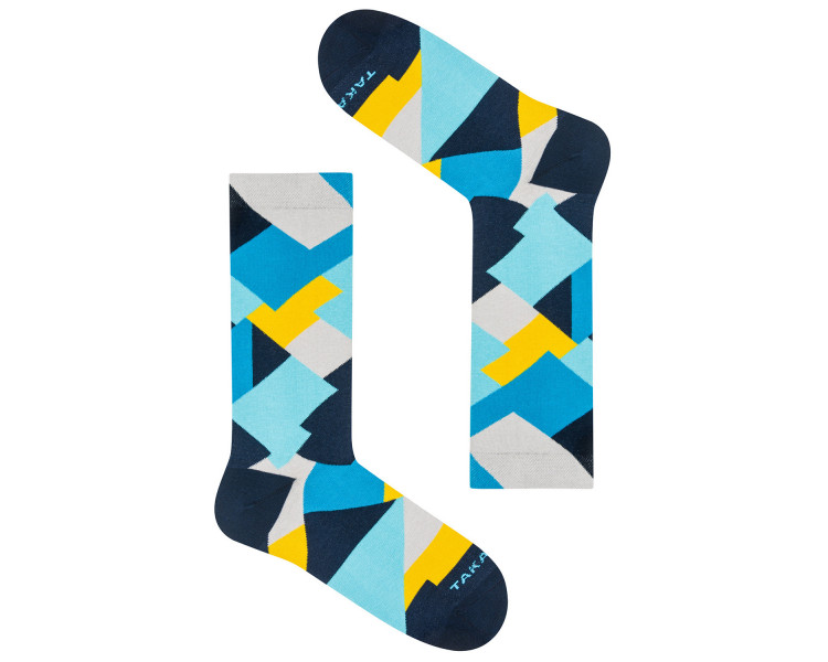 Farbenfrohe 11 m² Targowa-Socken in Rechtecken in den Farben Gelb, Blau und Marineblau. Takapara