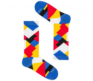 Colorful 11m3 Targowa socks in rectangles in blue, yellow, red and white. Takapara