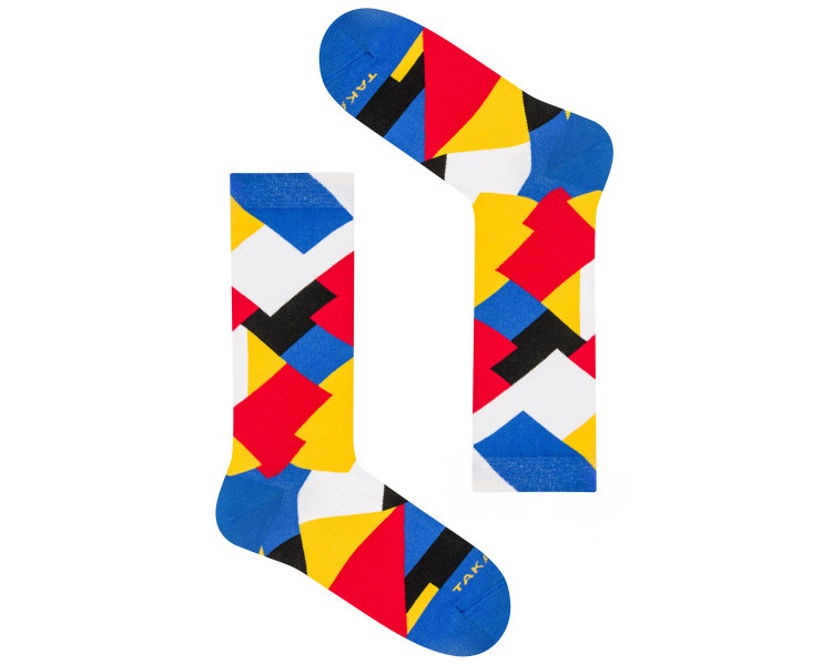 Colorful 11m3 Targowa socks in rectangles in blue, yellow, red and white. Takapara
