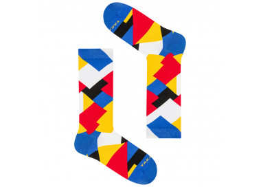 Chaussettes colorées Targowa 11m3 en rectangles bleu, jaune, rouge et blanc. Takapara