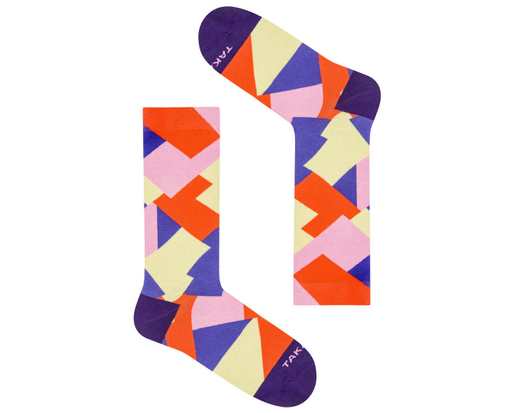 Colorful 11m4 Targowa socks with rectangles in the colors of pink, purple and orange. Takapara