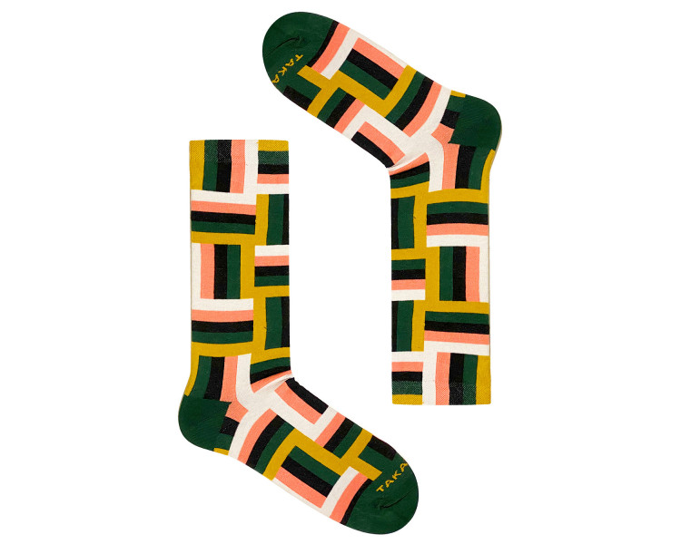 Bunte 12m2 Jaracz-Socken mit grünen, orangen und weißen Streifen. Takapara