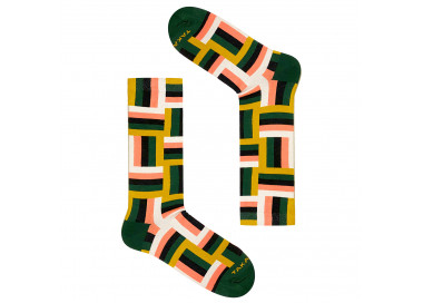 Colorful 12m2 Jaracz socks with green, orange and white stripes. Takapara