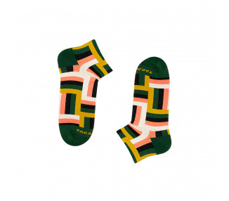 Colorful 12m2 Jaracz sneaker socks with green, orange and white stripes. Takapara