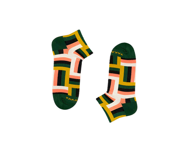 Bunte 12m2 Jaracz Sneakersocken mit grünen, orangen und weißen Streifen. Takapara