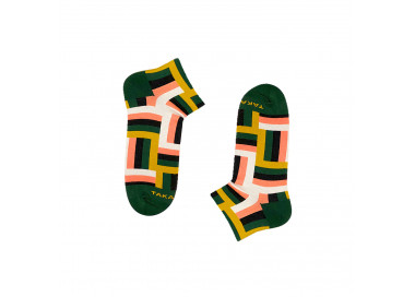 Colorful 12m2 Jaracz sneaker socks with green, orange and white stripes. Takapara