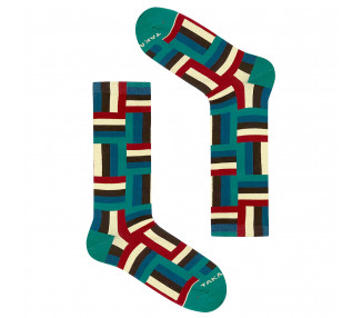 Jaracz's colorful 12m3 striped socks in green, maroon and navy blue. Takapara