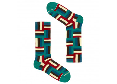 Jaracz's colorful 12m3 striped socks in green, maroon and navy blue. Takapara