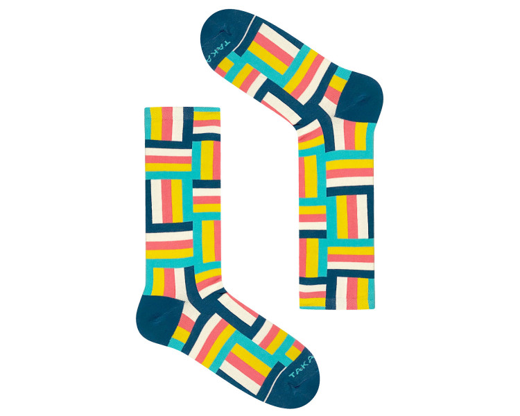 Bunte 12m4 Jaracz-Socken mit Streifen in leuchtenden Grün-, Gelb- und Orangefarben. Takapara