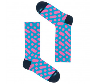 Colorful socks Wilcza 13m1 with pink dots and lines on a blue background. Takapara