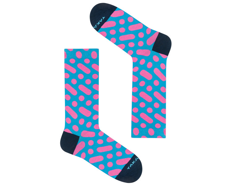Colorful socks Wilcza 13m1 with pink dots and lines on a blue background. Takapara