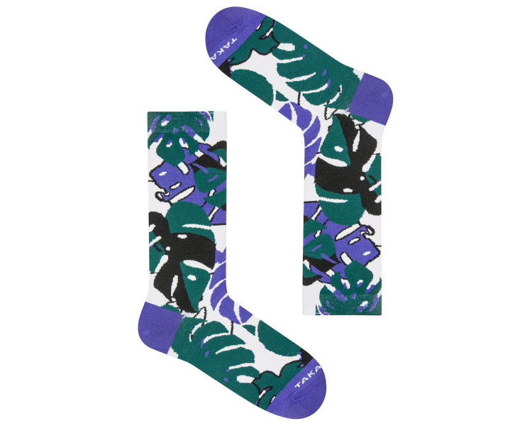 Colorful 14m1 Źródliska socks with a floral pattern on a white and purple background. Takapara