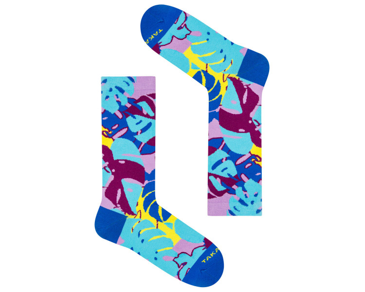 Bunte 14 m3 Źródliska-Socken mit geometrischen Blumenmustern in den Farben Blau, Lila und Gelb. Takapara