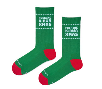 Chaussettes de Noël vert et rouge avec le texte FUCKING K*RWA XMAS