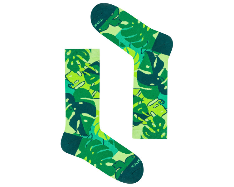 Bunte 14m4 Źródliska-Socken mit bunten, grünen Blattmustern. Takapara