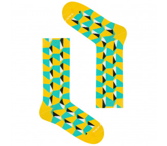 Bunte 15m1 Tuwim-Socken mit gelben und grünen geometrischen Mustern. Takapara
