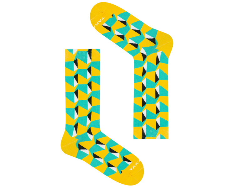 Chaussettes Tuwim 15m1 colorées aux motifs géométriques jaunes et verts. Takapara
