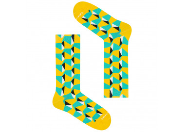 Bunte 15m1 Tuwim-Socken mit gelben und grünen geometrischen Mustern. Takapara