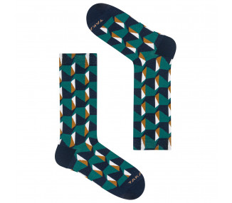 Tuwim 15m4 bunte Socken mit geometrischen Mustern in grünen und braunen Farben. Takapara
