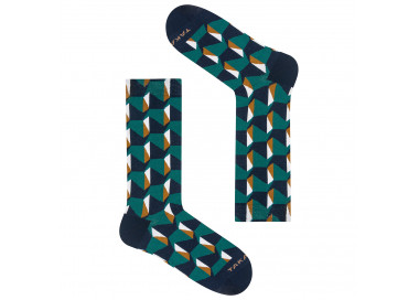 Tuwim 15m4 bunte Socken mit geometrischen Mustern in grünen und braunen Farben. Takapara