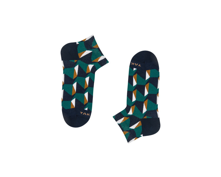 Bunte 15m4 Tuwim Sneakersocken mit geometrischen Mustern in Grün und Braun. Takapara
