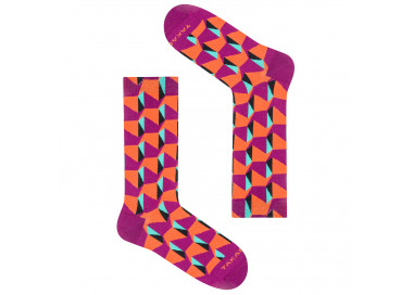 Chaussettes colorées Tuwim 15m5 avec motifs géométriques en orange et rose. Takapara