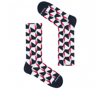 Tuwim 15m8 colorful socks with geometric patterns in red, black and white. Takapara