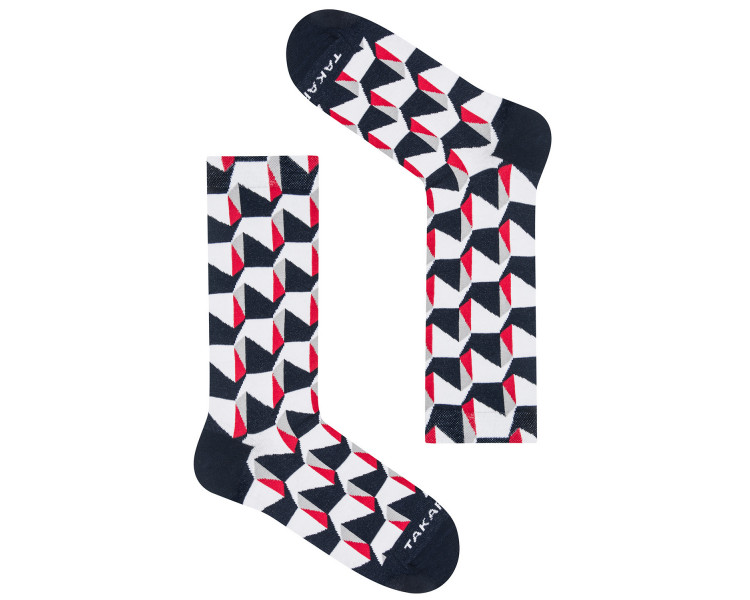 Tuwim 15m8 bunte Socken mit geometrischen Mustern in Rot, Schwarz und Weiß. Takapara