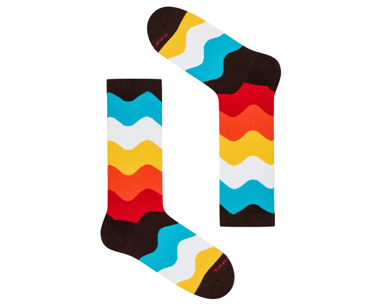 Colorful 16m1 wave socks with waves in brown, blue, white and red. Takapara