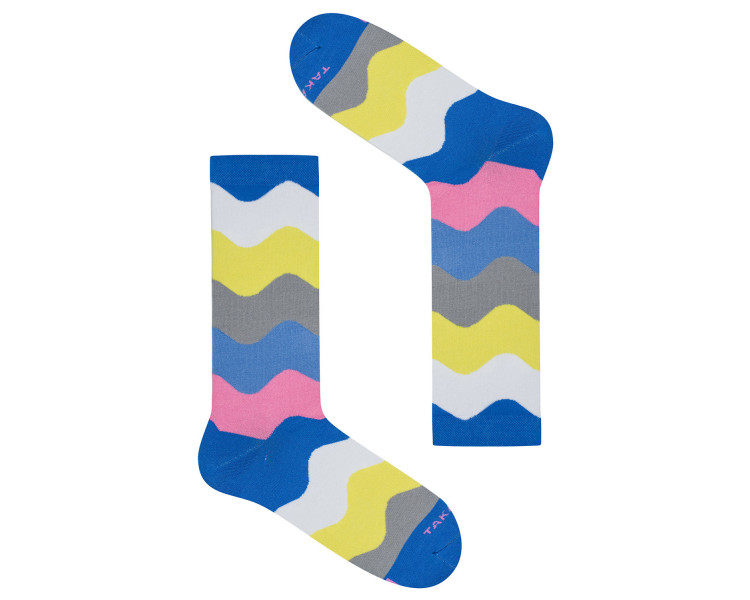 Colorful 16m3 wave socks with waves in pink, blue, white and yellow. Takapara