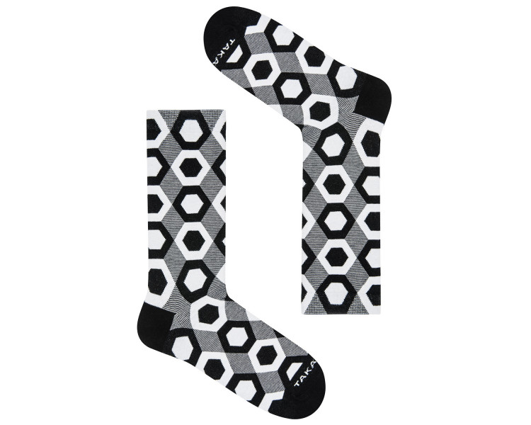 Chaussettes Zawisza 80m1 noires et blanches avec un motif géométrique d'hexagones. Takapara