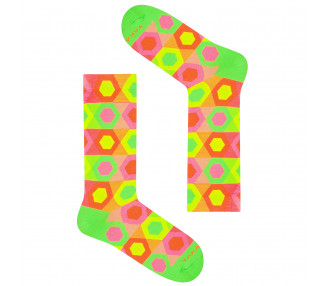 Bunte Socken Neonowa 90m1 mit Sechsecken in Neonfarben. Takapara
