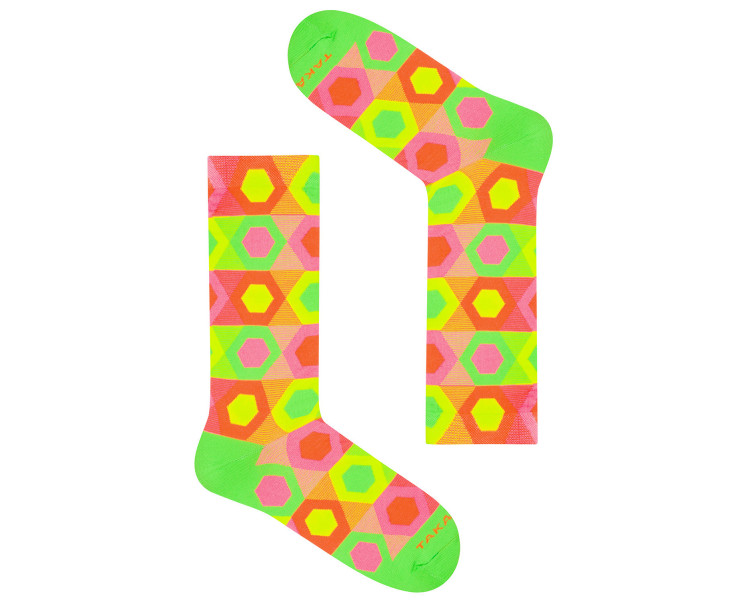 Chaussettes colorées Neonowa 90m1 avec des hexagones aux couleurs fluo. Takapara