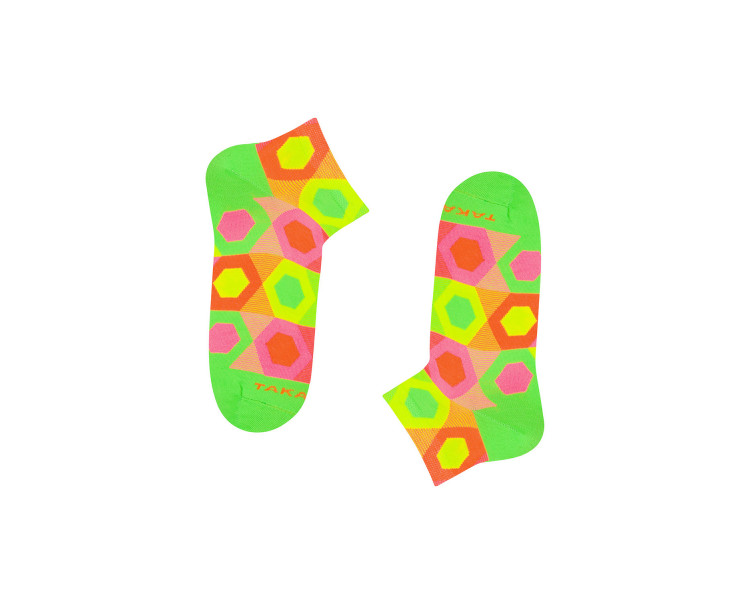 Chaussettes baskets colorées Neonowa 90m1 avec des hexagones aux couleurs fluo. Takapara