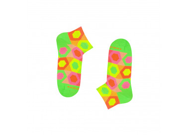 Chaussettes baskets colorées Neonowa 90m1 avec des hexagones aux couleurs fluo. Takapara
