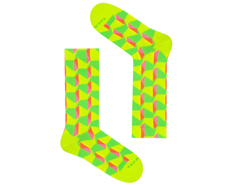 Bunte Socken Neonowa 90m2 mit neonfarbenen, geometrischen Mustern. Takapara