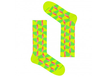 Bunte Socken Neonowa 90m2 mit neonfarbenen, geometrischen Mustern. Takapara