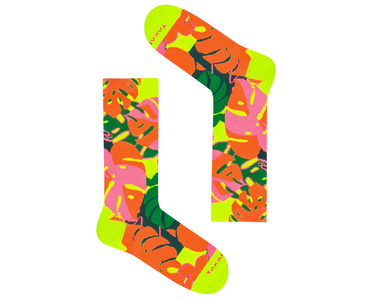 Colorful socks Neonowa 90m3 with neon Monstera leaves. Takapara