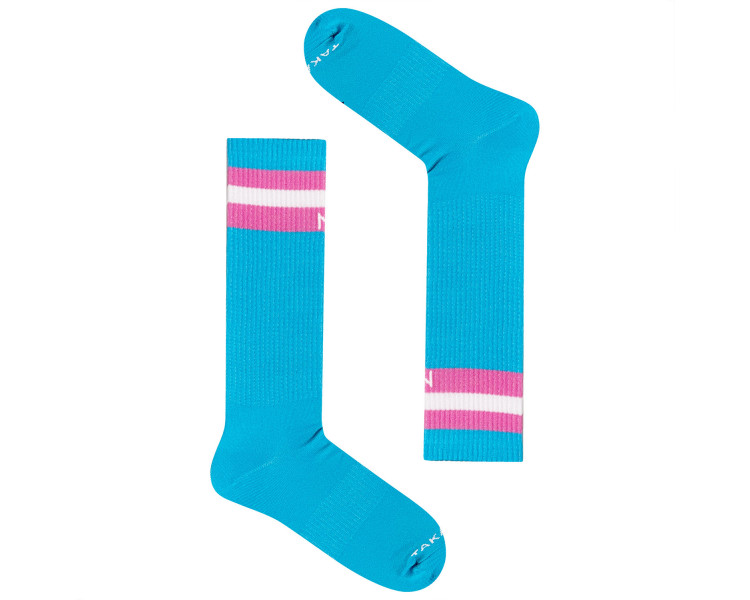 Colorful, pastel blue Maratońska 70m3 socks with stripes. Takapara