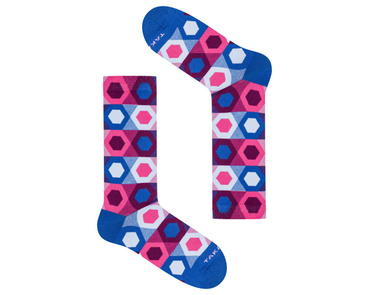 Bunte Struga 1m1 Socken von Takapara mit hexagonalem Muster