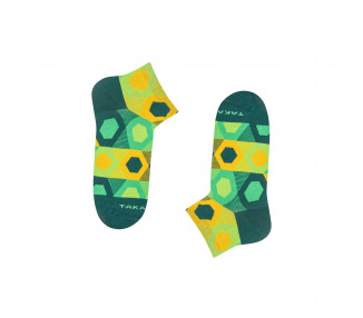Kolorowe skarpetki stopki Struga 1m4 w żółte i zielone heksagony. TakaPara
